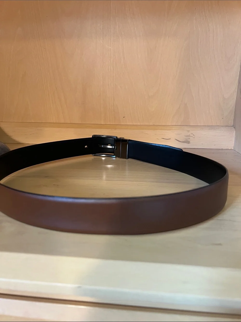 Reversible Black/Brown Leather Dress Belt with Textured Buckle